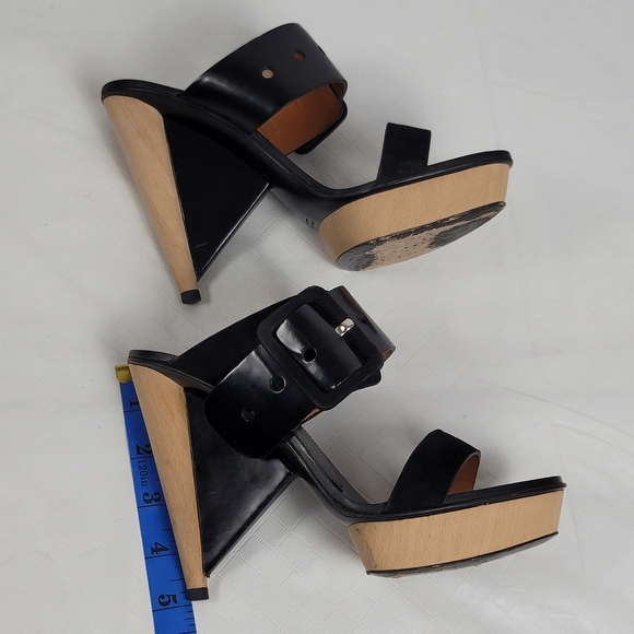 Sergio Rossi Suede Leather Buckle Wood Platform Cone Heels Slides Sandals Sz 37 - Picture 4 of 15